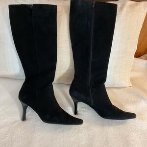 Classic Black Suede cloth Knee-High Heeled Boots